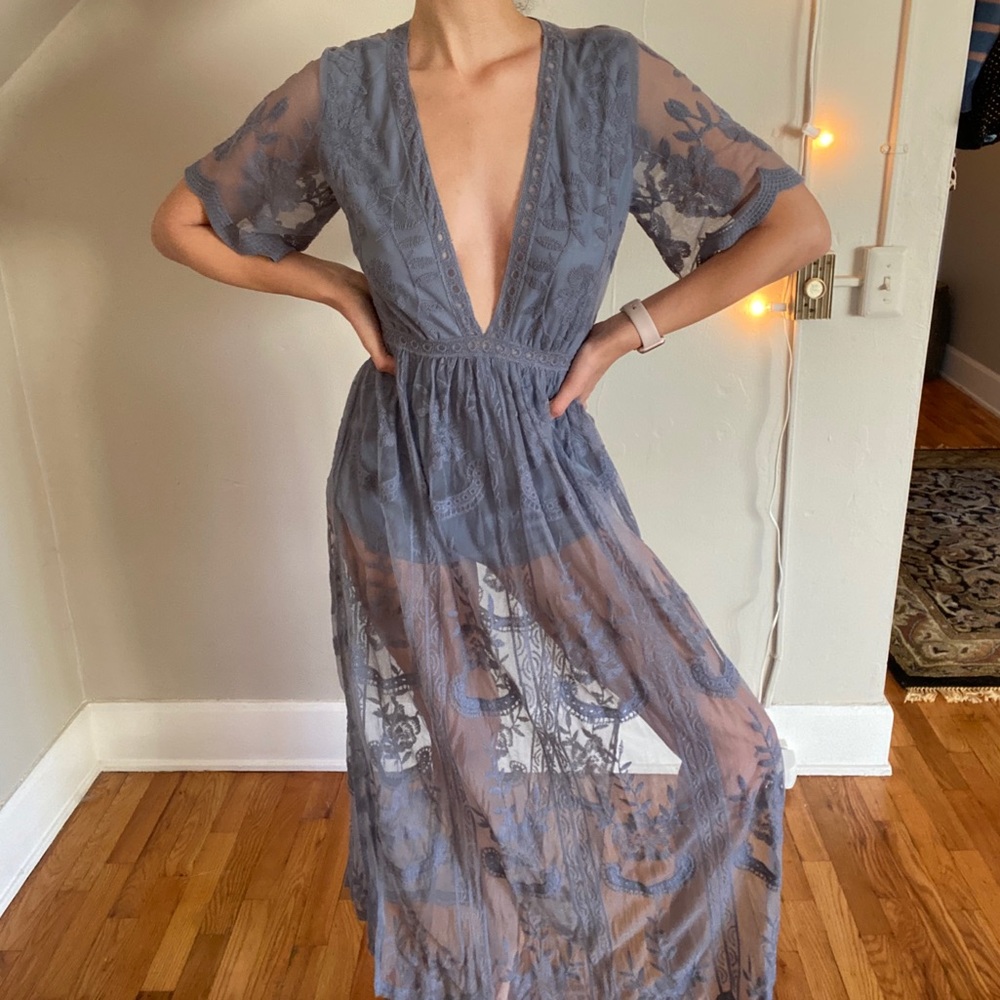 blue floor length romper dress